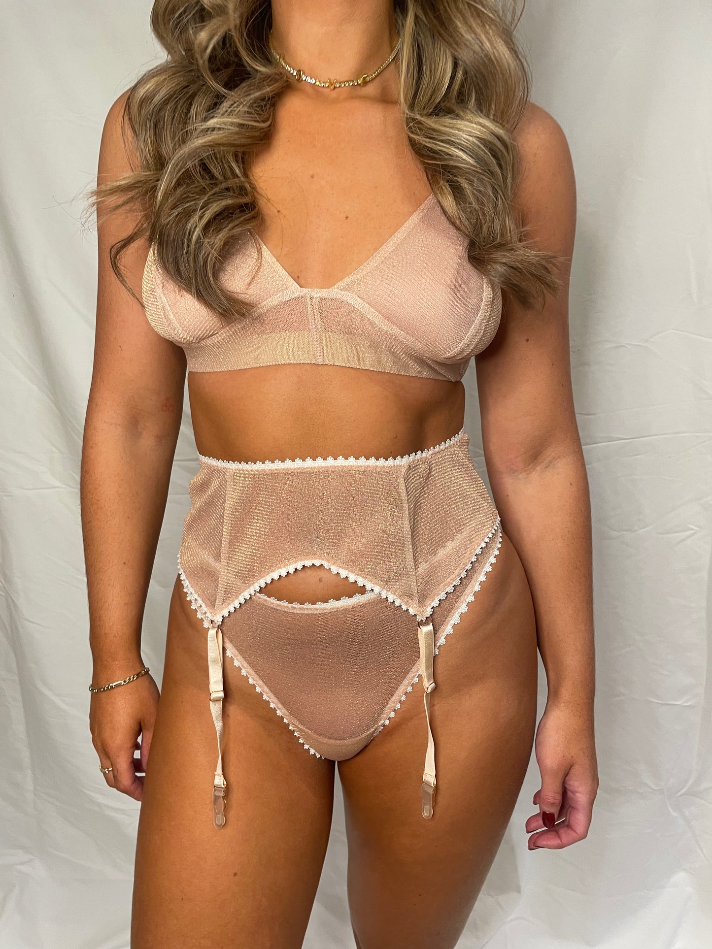 Sparkly Mesh Bra, Thong & Suspender 3 Piece Set