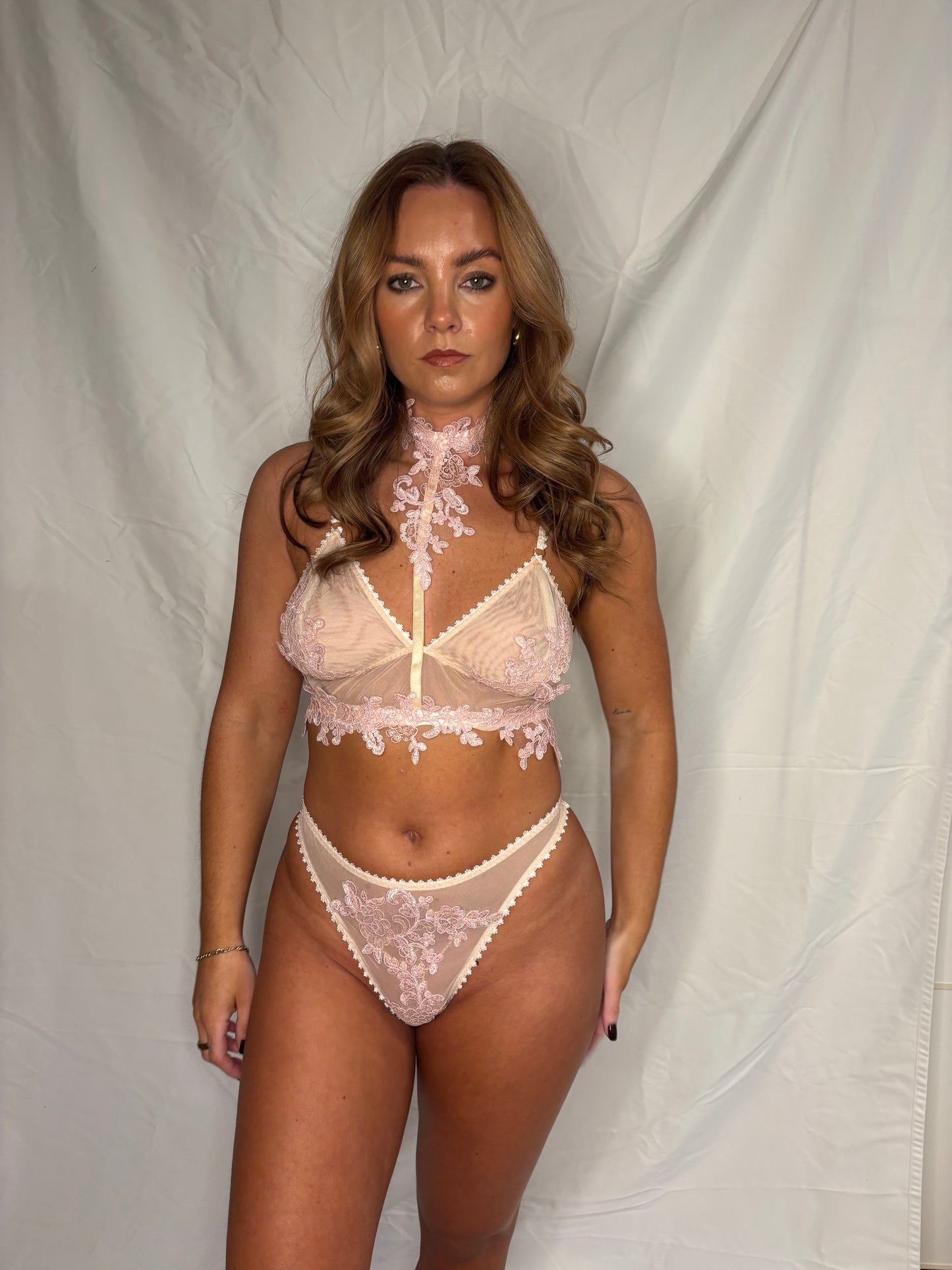 (Pre-made) Pink 3D Floral Bra, Thong & Suspender Harness 3 Piece Set